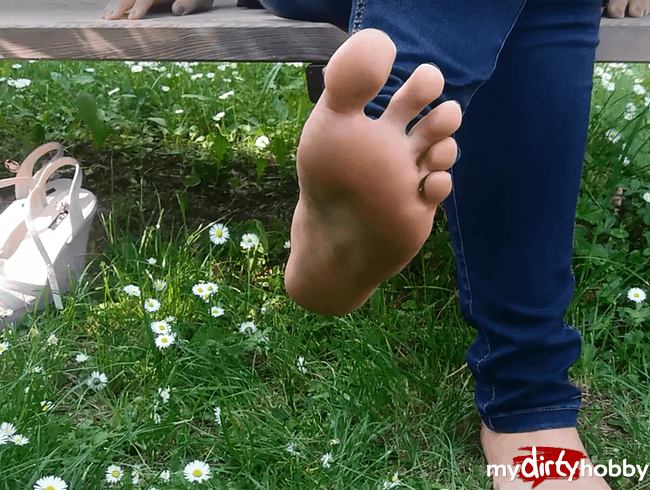 Fußerotik Outdoor – High Heels anziehen auf der Wiese