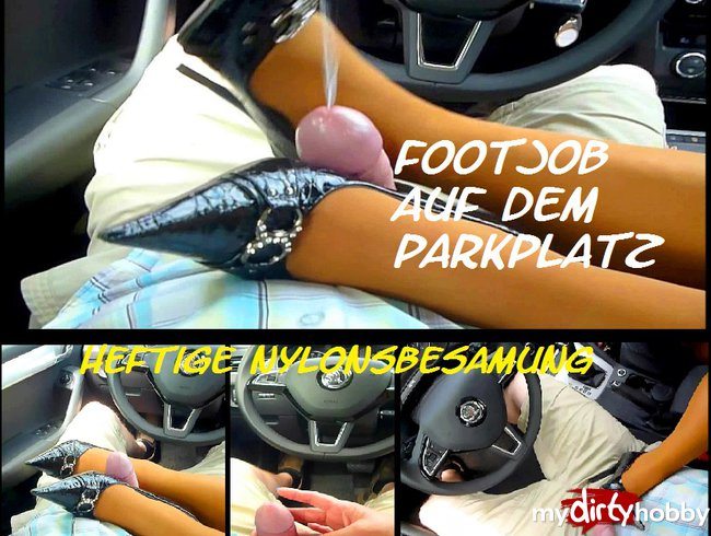 Footjob mit Heels im Auto auf Parkplatz