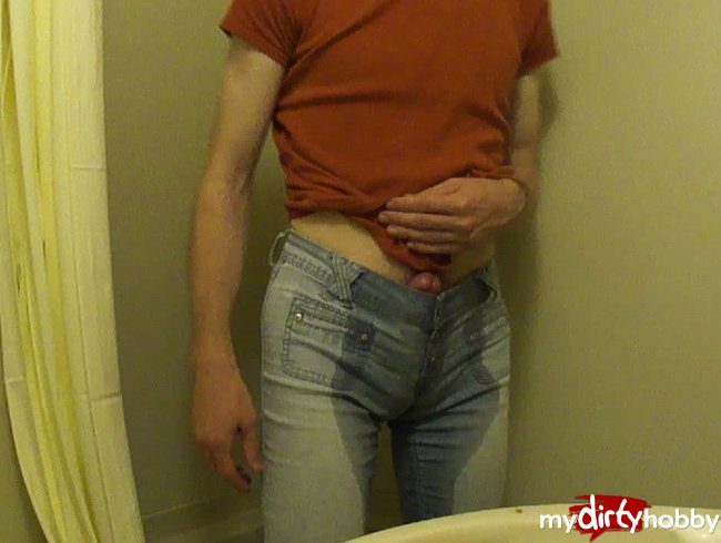 Wetting and rubbing in girl jeans