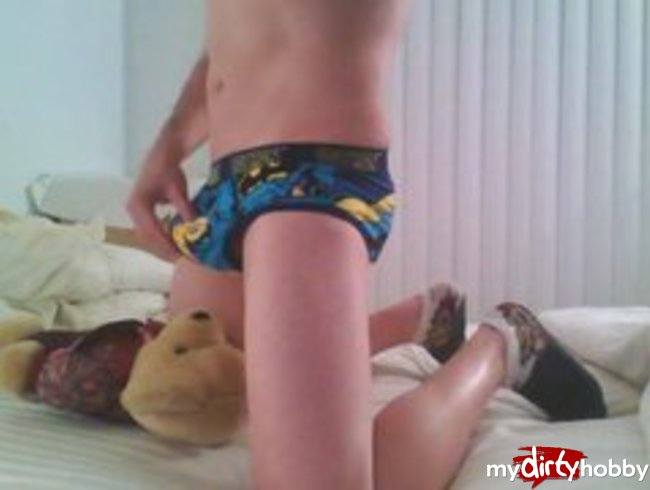 Twink Guy Plays w/Teddy Bear & Cums Batman Underwear