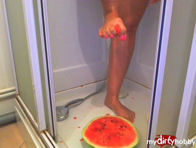 28 Messy eating of watermelon and Foot crush of it